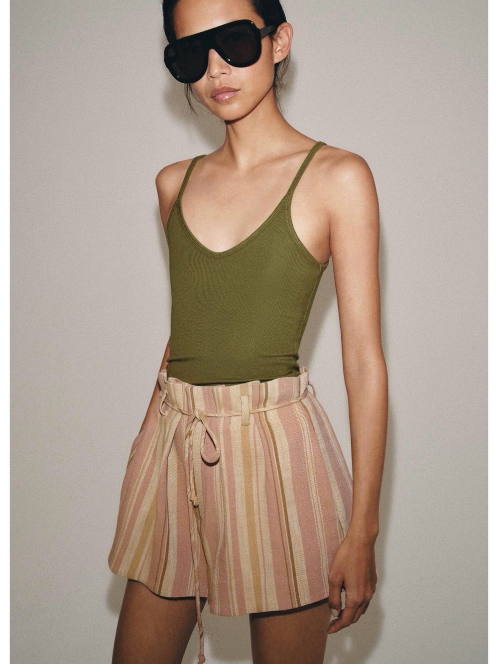 Zara ZW Collection Striped Belted Bermuda Shorts